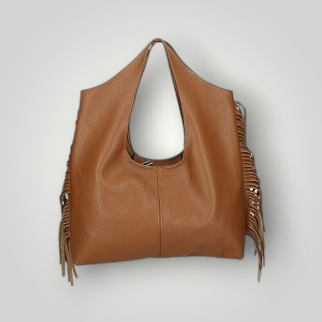 Borsa in pelle sfoderata con frange laterali