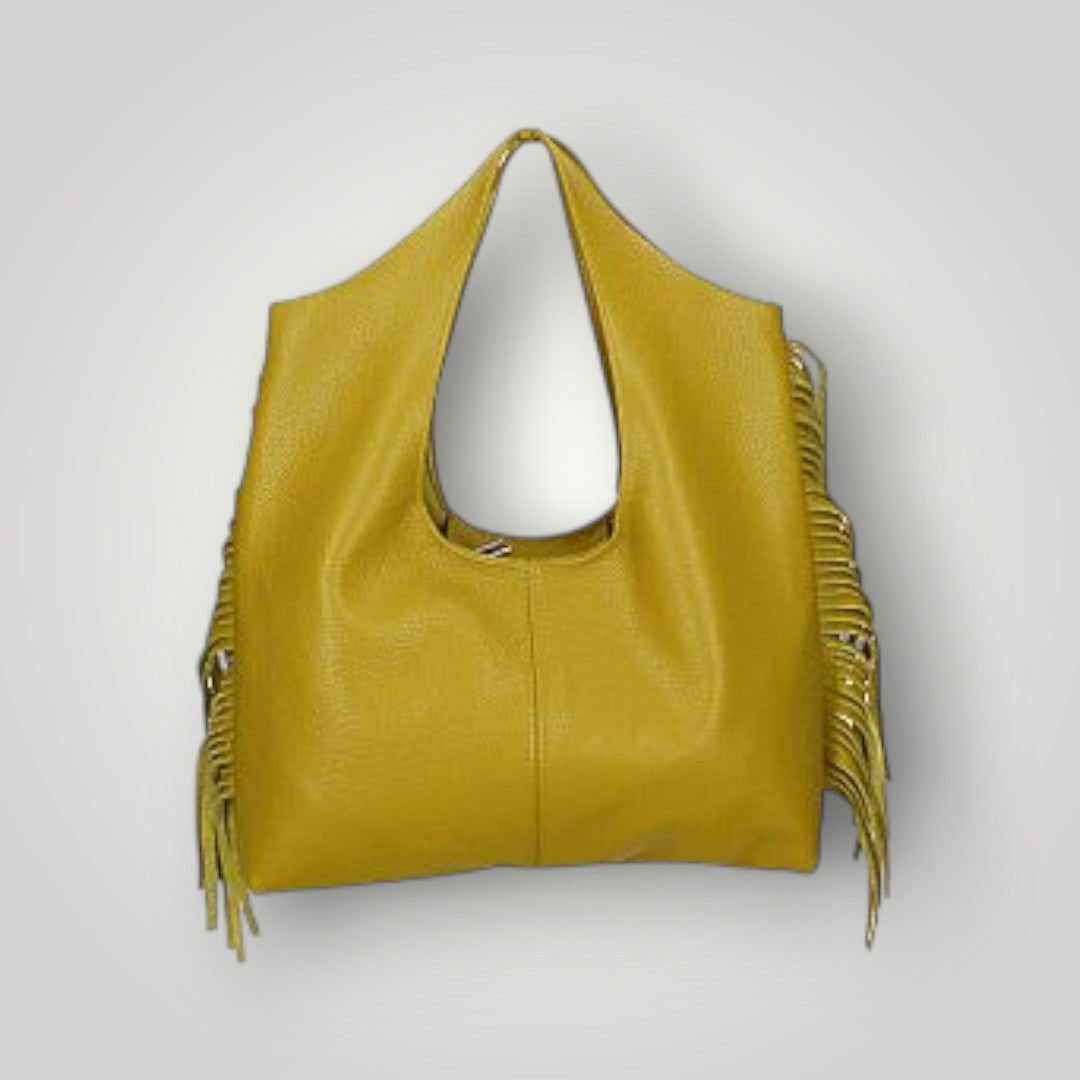 Borsa in pelle sfoderata con frange laterali