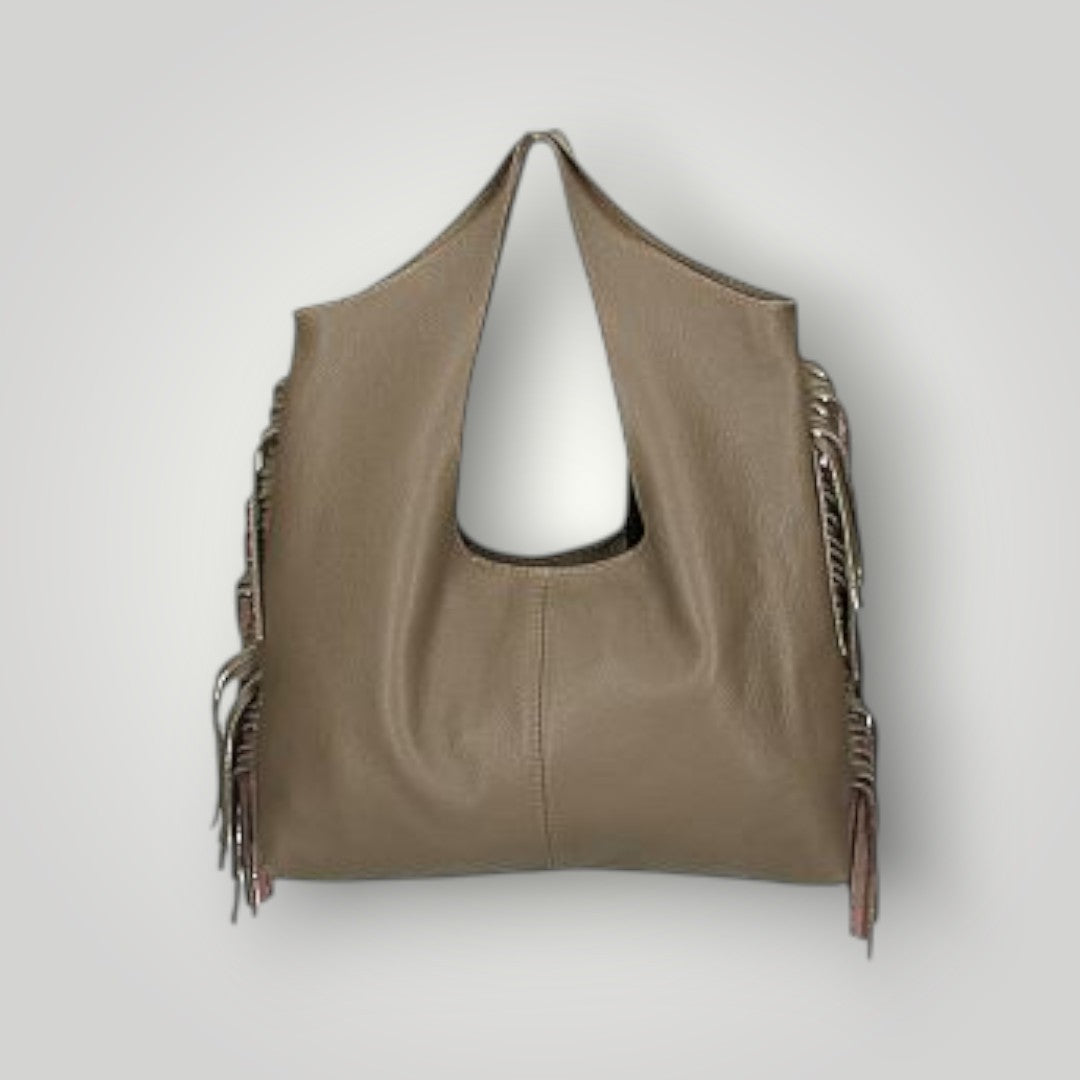 Borsa in pelle sfoderata con frange laterali