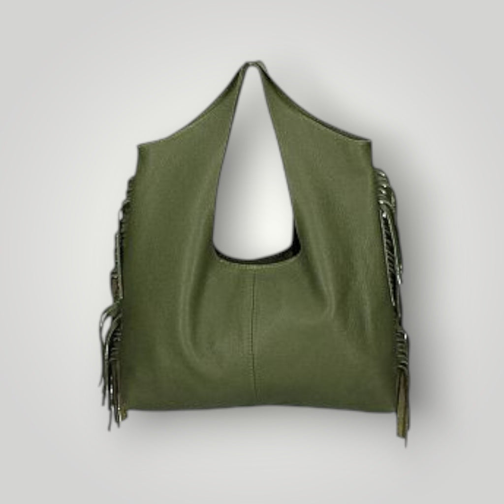 Borsa in pelle sfoderata con frange laterali