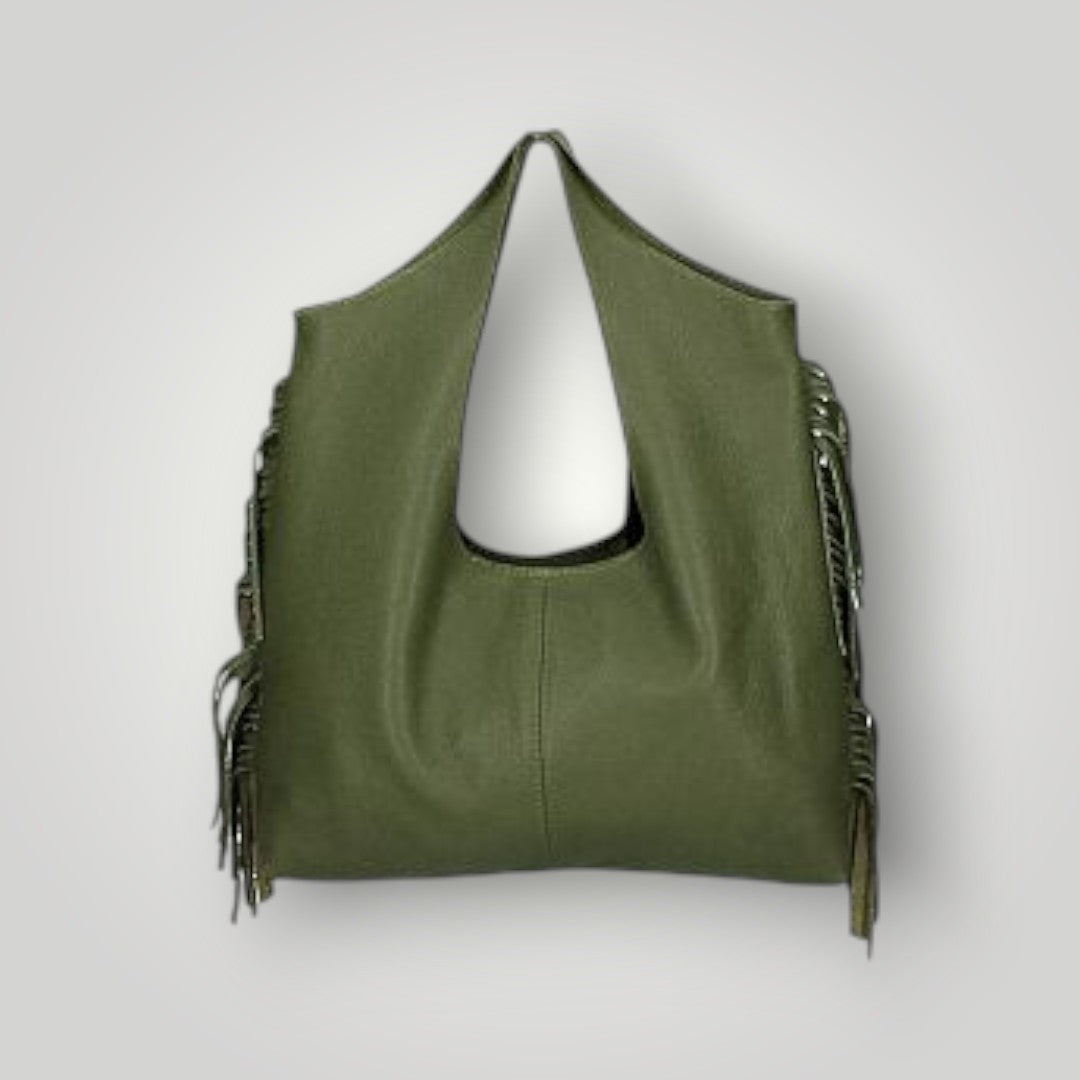 Borsa in pelle sfoderata con frange laterali