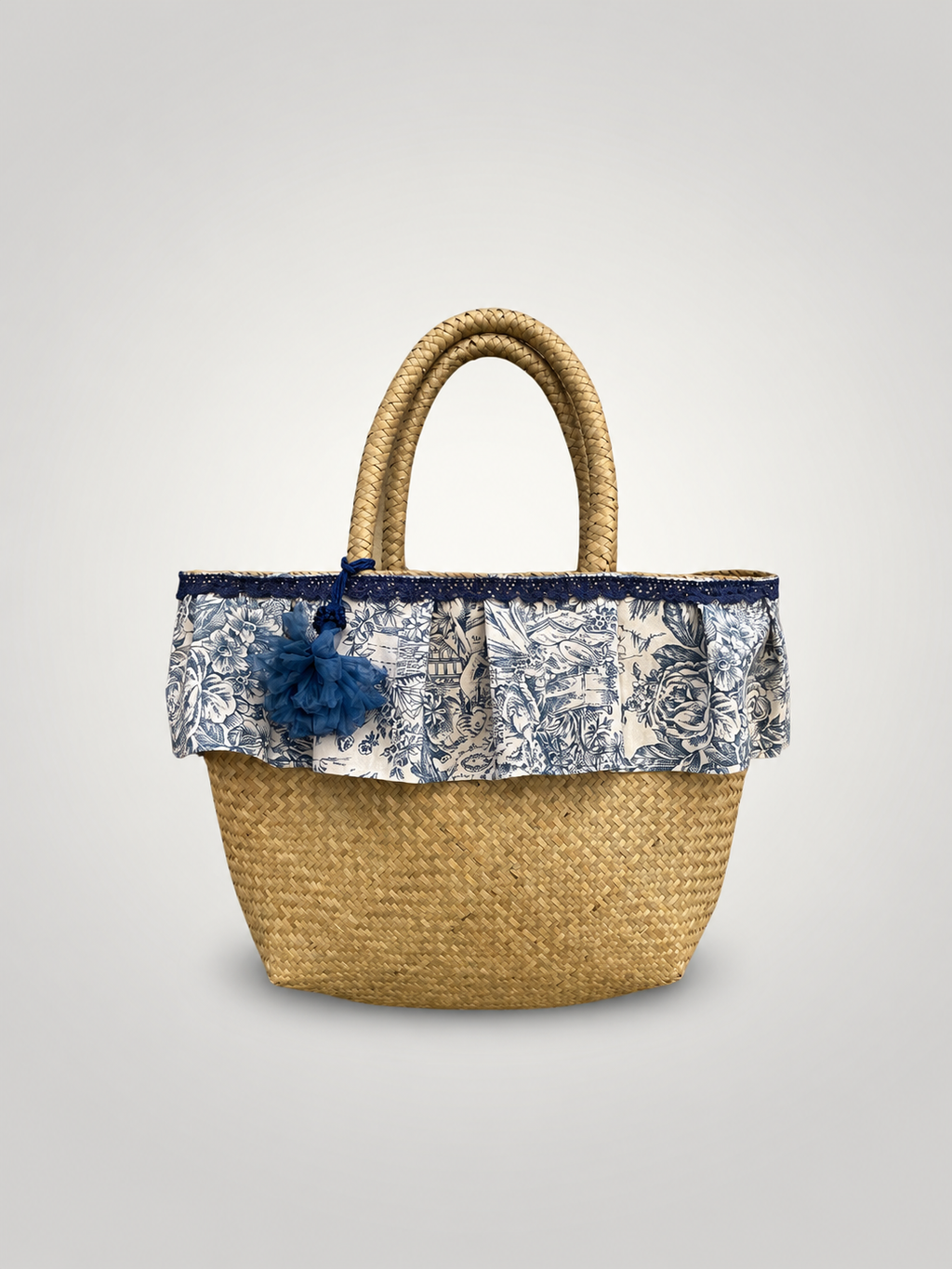 Borsa di paglia in tessuto toile de jouy