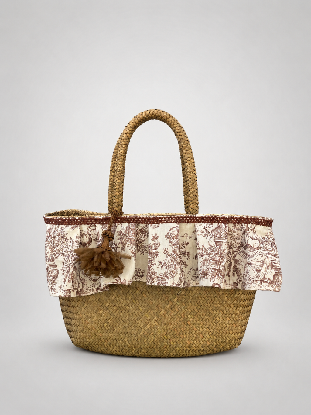 Borsa di paglia in tessuto toile de jouy